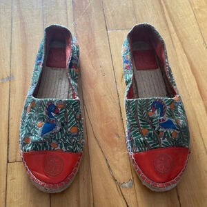 Tory Burch Green Multicolor Parrot Print Espadrilles with Orange Toe